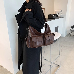 Japanese style dark brown large capacity faux leather tote bag with utility pockets
