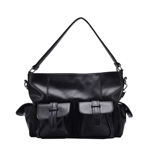 Japanese style black leather tote bag with multi-pocket utility design and large capacity