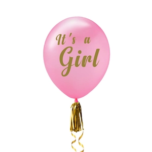 Pink Gender Reveal Balloon with gold 'It's a Girl' text and elegant metallic tassels
