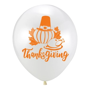 White Thanksgiving latex balloon with orange pumpkin, turkey and maple leaf prints