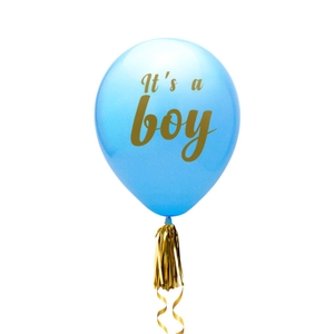 Blue 'It's a boy' gender reveal balloon with elegant golden lettering and decorative tassel