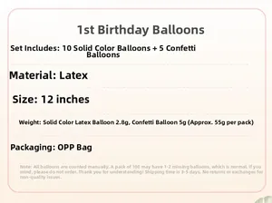 Detailed specifications for 12-inch 1st birthday latex and confetti balloon set