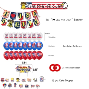 Independence Day party decorations set with USA banner balloons and cake toppers