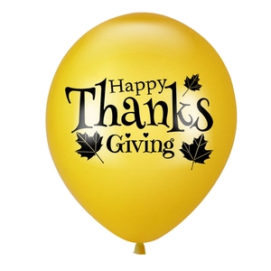 Yellow Thanksgiving latex balloon with Happy Thanksgiving text and maple leaves