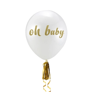 White latex oh baby party balloon with golden tassels for baby shower celebrations