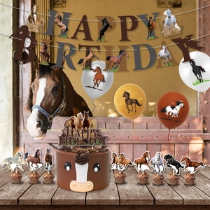 Horse themed party decoration set with birthday banner, balloons and cake toppers