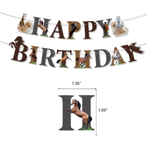 Happy Birthday horse party banner with realistic brown horse patterns and paper letters