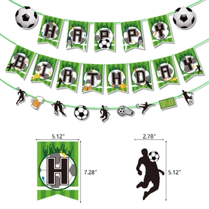 Soccer themed Happy Birthday banner and decorative hanging swirls for party decor