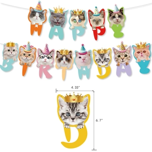 Cat themed Happy Birthday banner with kitten patterns and specific size measurements