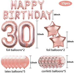 15-piece rose gold 30th birthday decoration set with balloons and foil numbers