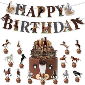 Horse theme birthday party set with Happy Birthday banner and horse cupcake toppers