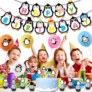 Kit de fête de pingouin avec bannière Happy Birthday ballons et décorations gâteau