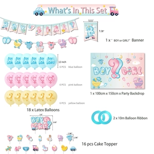 Detailed gender reveal party set including banner, balloons, and decorative cake toppers