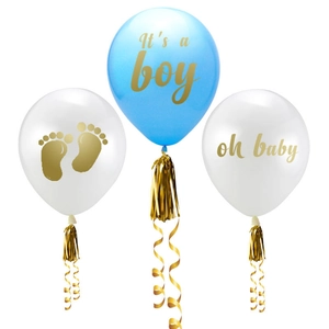 It's a boy baby shower balloon set with gold tassels and oh baby footprint designs