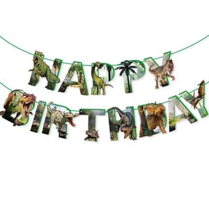 Dinosaur themed Happy Birthday banner for kids party decoration with vivid dinosaur prints