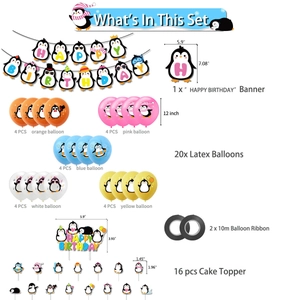 Décoration fête pingouin avec bannière, ballons et cake toppers pour enfants
