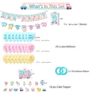Detailed gender reveal party set including Boy or Girl banner and macaron balloons