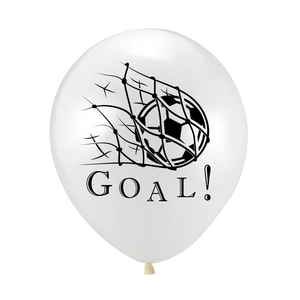 Détail d'un ballon de fête de football blanc avec texte GOAL! et motif filet de but