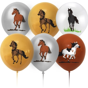 Set of six latex horse balloons in gold, silver, and brown with detailed stallion prints