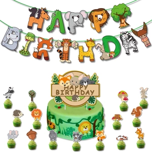Forest animal themed Happy Birthday banner and cake topper set for jungle party decoration