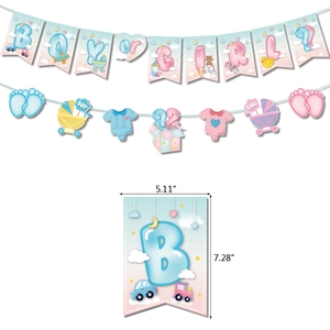 Detail view of Boy or Girl gender reveal party banner with dimensions 5.11 by 7.28 inches