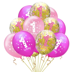 Pink and gold confetti 1st birthday balloon set with 12-inch latex balloons and ribbons