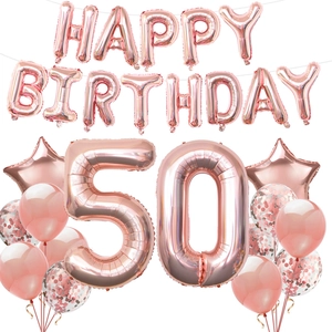 Rose gold 50th birthday balloon kit with Happy Birthday banner and foil star balloons