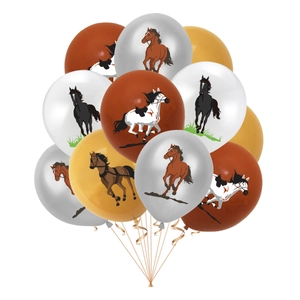 Detail of horse-themed latex balloons with realistic prints and decorative ribbons