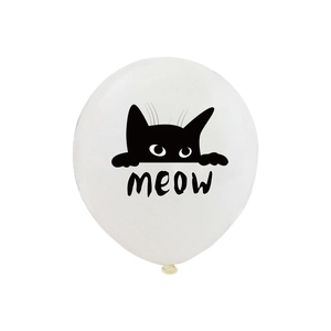 White latex party balloon featuring minimalist black cat illustration and MEOW text