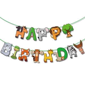 Forest animal Happy Birthday banner set with colorful cartoon jungle theme decorations