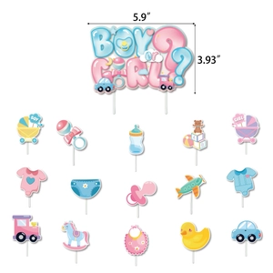 Detailed set of Boy or Girl cake toppers for baby shower party showing various sizes and designs