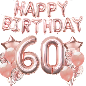 Rose gold 60th birthday decoration set with foil number 60 and happy birthday balloons