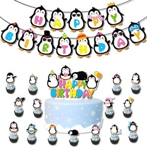 Kit fête pingouin avec bannière Happy Birthday et décorations de gâteau mignonnes