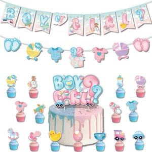 Gender reveal party decorations set with Boy or Girl banners and colorful cake toppers