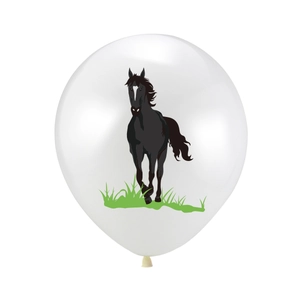 Detailed view of white horse-themed party balloon with black stallion print on grass