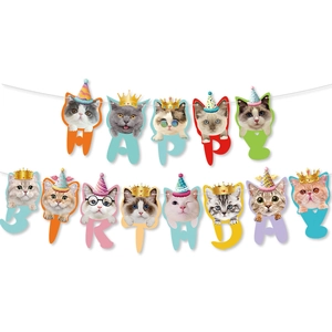 Cat themed Happy Birthday banner with colorful cute kitten illustrations for party decor