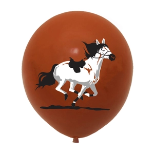 Close-up of brown latex balloon with detailed running horse print for horse party decor