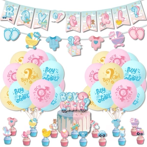 Gender reveal party decorations set with Boy or Girl banner and macaron balloons