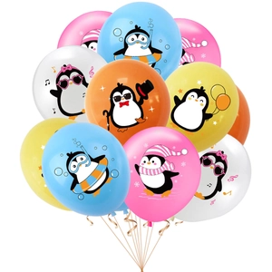 Ballons de fête en latex colorés avec imprimés pingouins et rubans dorés élégants