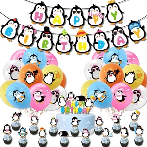 Kit de Décoration de Fête d'Anniversaire Pingouin Avec Bannière Happy Birthday Ballons en Latex Cake Toppers Pour Enfants Décor de Fête
