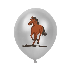 Silver metallic latex balloon with running horse illustration for horse-themed party decorations