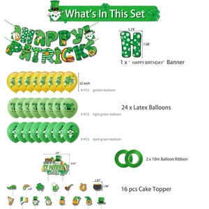 Kit déco fête Saint-Patrick avec bannière trèfles, ballons et toppers de gâteaux