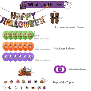 Kit fête Halloween avec bannières citrouilles, ballons en latex et décorations de cupcakes