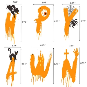 Halloween decorative alphabet set with dimensions featuring spooky bat and cat designs