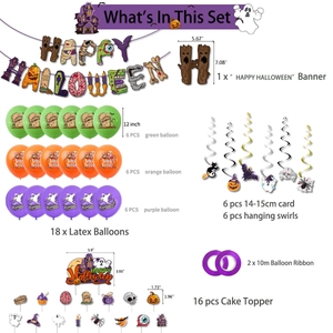 Set détaillé d'Halloween avec bannière, ballons oranges et décorations de gâteaux