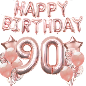 Rose gold 90th birthday balloon set including Happy Birthday banner and confetti latex