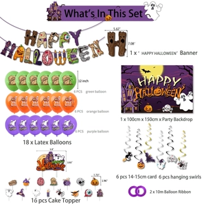 Détails du kit fête Halloween avec bannières citrouille, ballons colorés et décorations murales