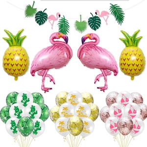 Flamingo and pineapple party balloon set with tropical leaves banner for summer birthday decor