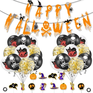 Detailed set of Happy Halloween banner, orange balloons and festive cupcake toppers