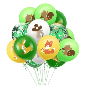 Detail of forest animal theme balloon set featuring cute fox and squirrel prints with sequins